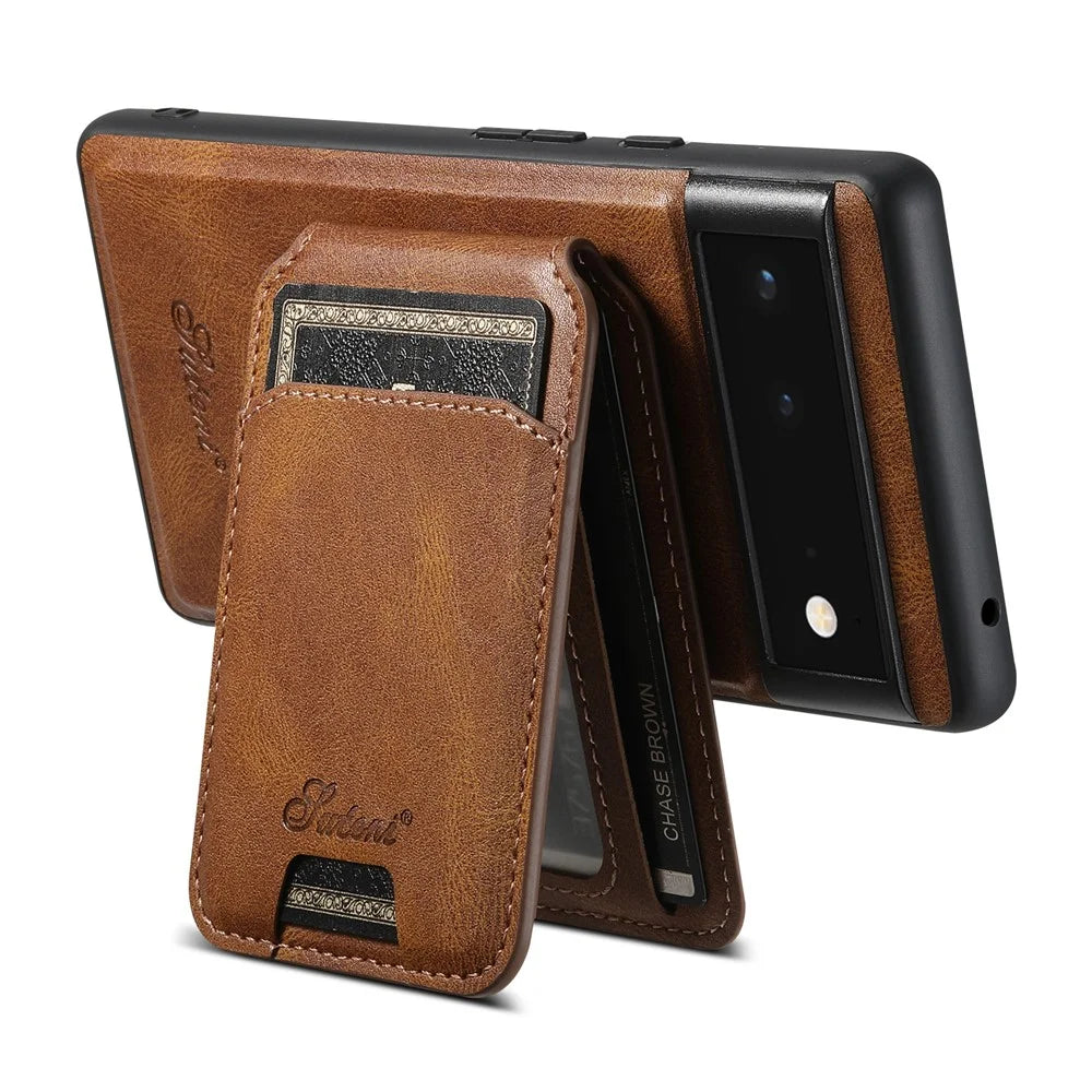 SUTENI H15 For Google Pixel 6 Magnetic Cover Detachable Card Holder Kickstand Phone Case - Brown - 3