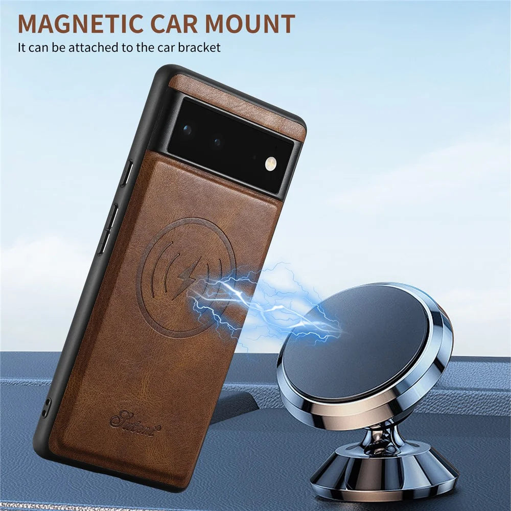 SUTENI H15 For Google Pixel 6 Magnetic Cover Detachable Card Holder Kickstand Phone Case - Brown - 4