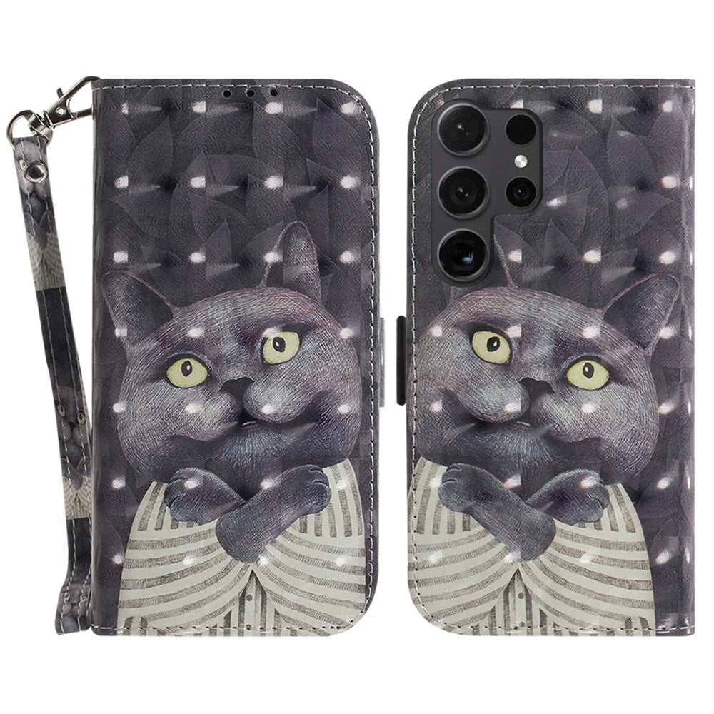 PU Leather Flip Cover for Samsung Galaxy S24 Ultra Case Pattern Printed Anti-Drop Wallet Phone Case with Strap - Embracing Cat - 1