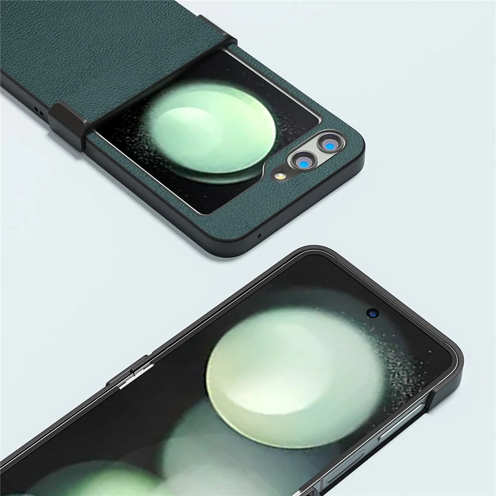 ABEEL For Samsung Galaxy Z Flip5 5G Phone Case Hinge Protection Genuine Cow Leather Back Cover - Midnight Green - 3