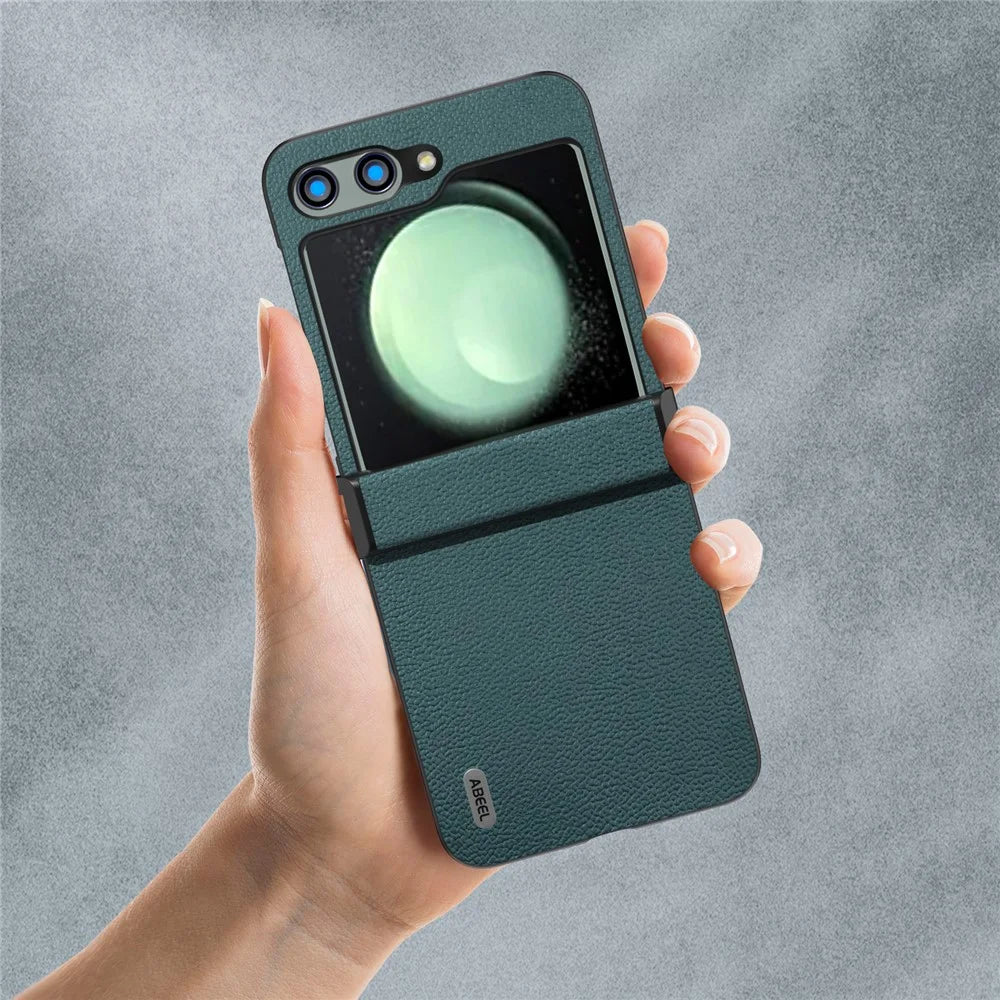 ABEEL For Samsung Galaxy Z Flip5 5G Phone Case Hinge Protection Genuine Cow Leather Back Cover - Midnight Green - 6