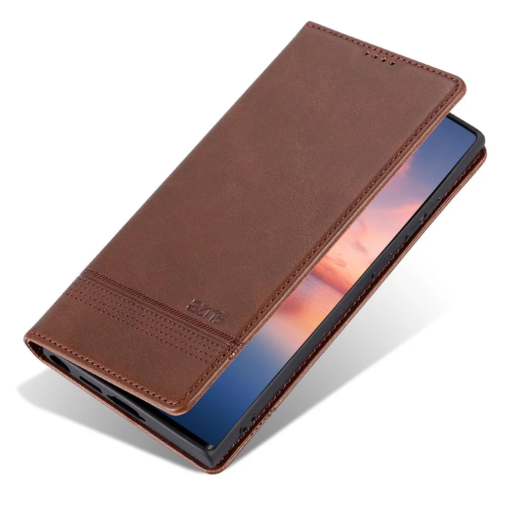 AZNS For Samsung Galaxy S24 Ultra Case Magnetic Suction Leather Phone Cover with Wallet Stand - Coffee - 5