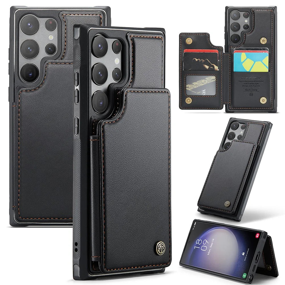 For Samsung Galaxy S22 Ultra 5G Phone Case CASEME C22 Leather Back Cover with RFID Blocking Card Slots - Black - 1