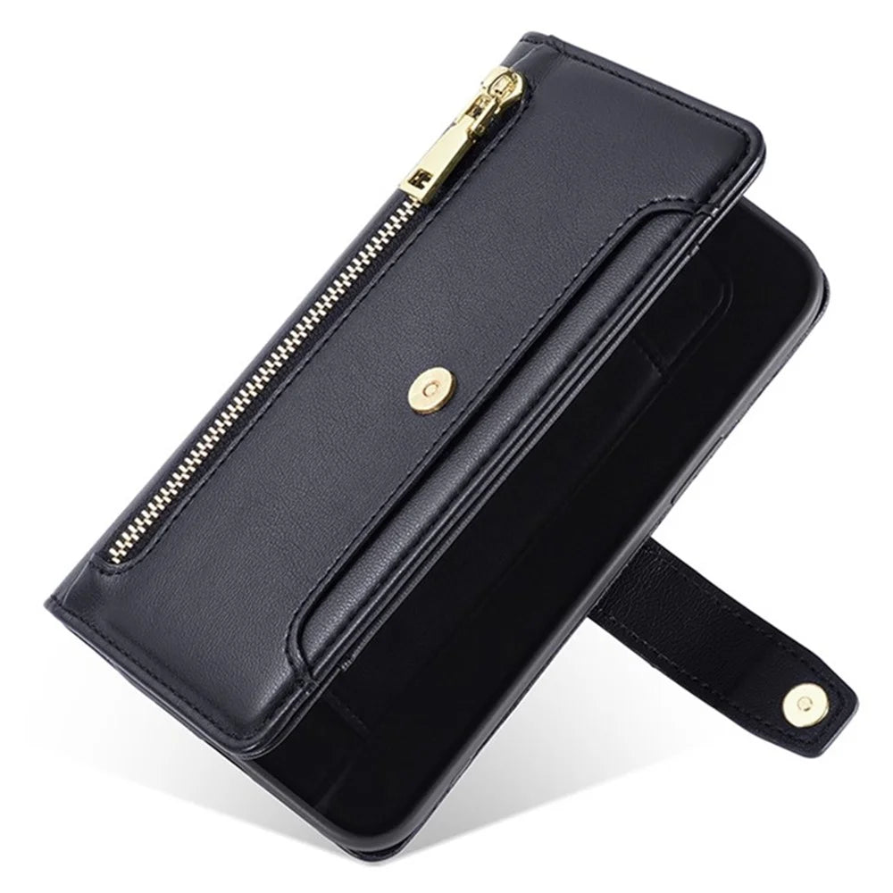 For vivo iQOO Z8x 5G / Y78t 5G Case Zipper Pocket Leather Phone Cover with 2 Straps - Black - 5