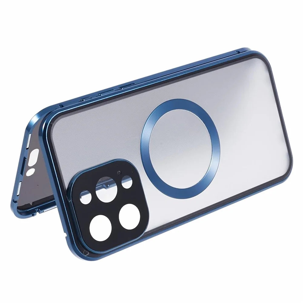 For iPhone 14 Pro Max Anti-Peep Case Tempered Glass Metal Bumper Phone Cover Compatible with MagSafe - Dark Blue - 5