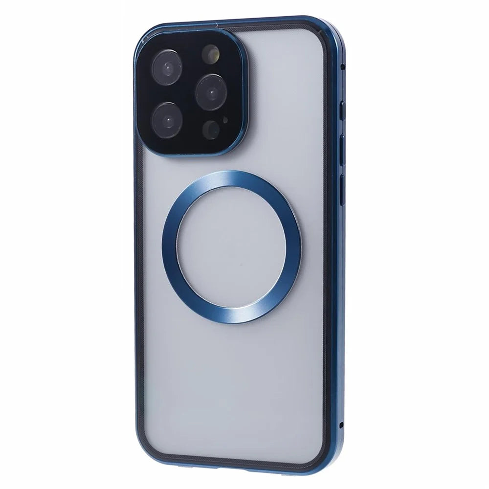 For iPhone 14 Pro Anti-Spy Case Tempered Glass Metal Shockproof Phone Case Compatible with MagSafe - Dark Blue - 2