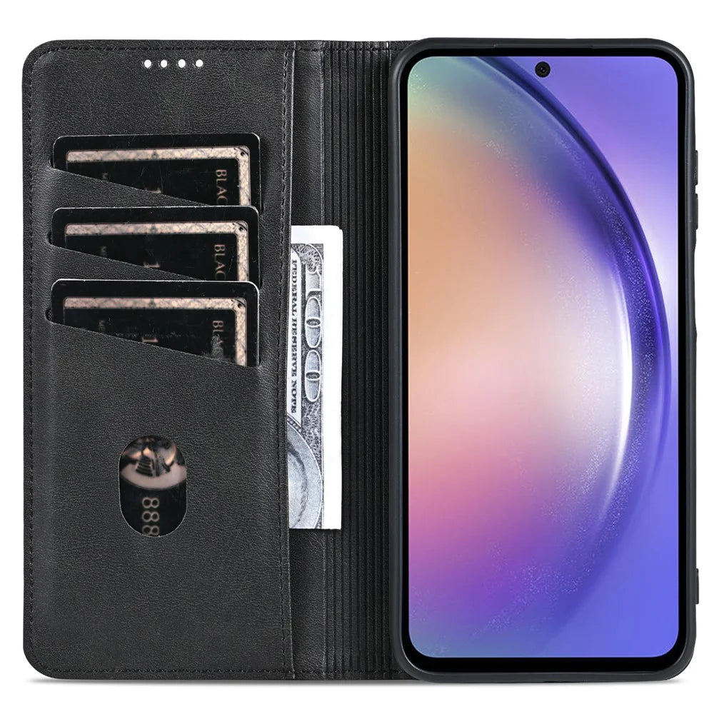 AZNS For Samsung Galaxy A15 4G Case PU Leather Magnetic Suction Wallet Phone Shell Cover - Black - 3