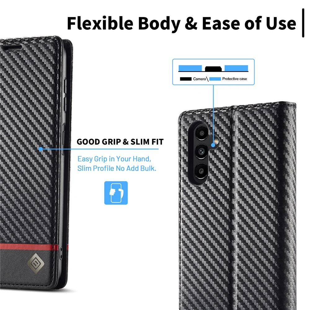 LC.IMEEKE For Samsung Galaxy A15 5G / A15 4G Phone Case Carbon Fiber Texture Shell PU Leather Cover - Horizontal Stripe - 5