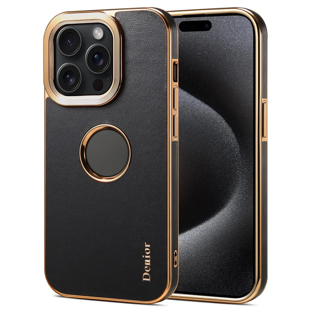 DENIOR For iPhone 15 Pro Phone Case Anti-drop PC+TPU+Genuine Cow Leather Calf Texture Cover - Black - 1