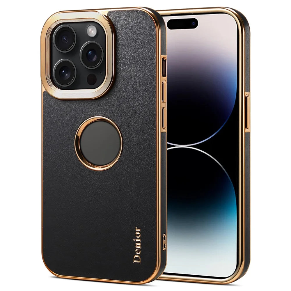 DENIOR For iPhone 14 Pro Case Electroplating Calf Texture Shockproof Phone Back Shell - Black - 1