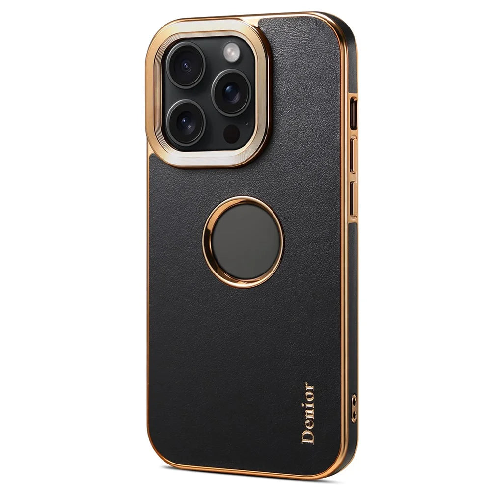 DENIOR For iPhone 14 Pro Case Electroplating Calf Texture Shockproof Phone Back Shell - Black - 4
