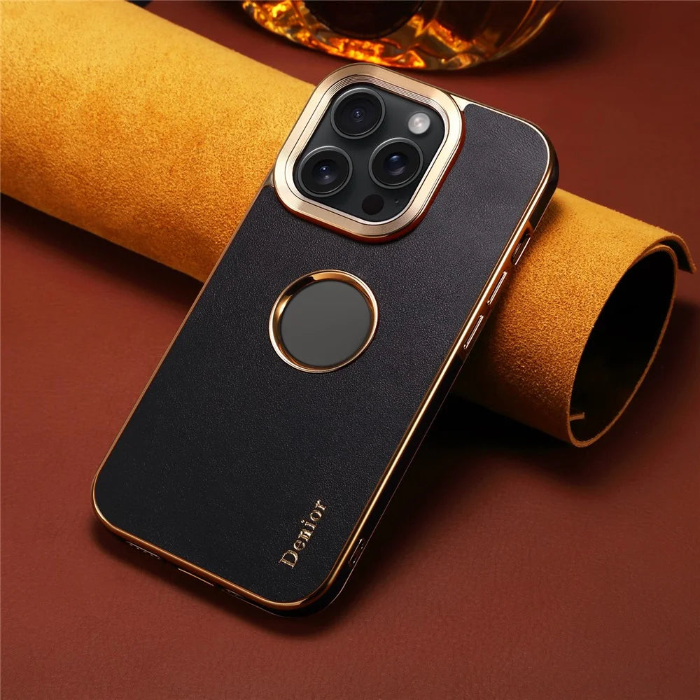 DENIOR For iPhone 14 Pro Case Electroplating Calf Texture Shockproof Phone Back Shell - Black - 6