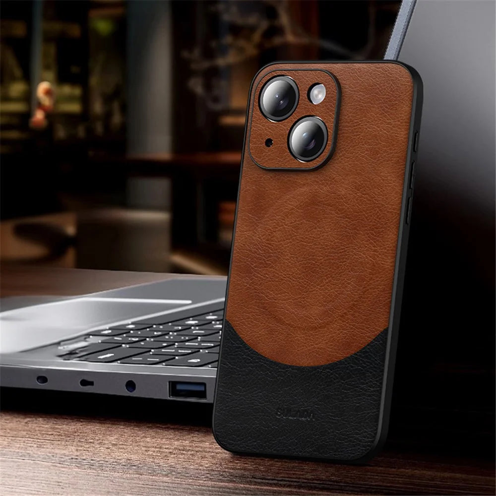 SULADA Magnetic Series for iPhone 15 Leather Back Case Protective Phone Cover Compatible with MagSafe - Brown - 2
