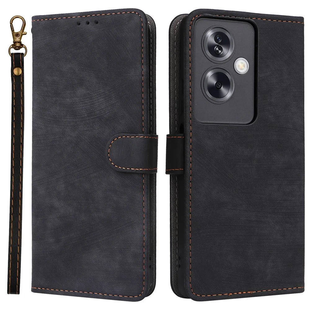 For Oppo A79 5G / A2 5G / OnePlus Nord N30 SE 5G Cell Phone Case with Strap RFID Blocking PU Leather Flip Cover - Black - 1