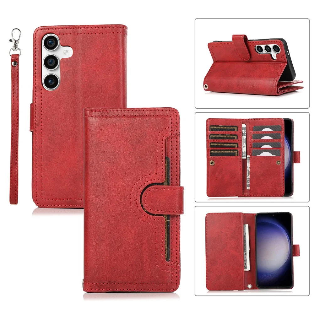 For Samsung Galaxy S24+ Cell Phone Cases Split Leather Stand Wallet Cover with Handy Strap - Red - 1
