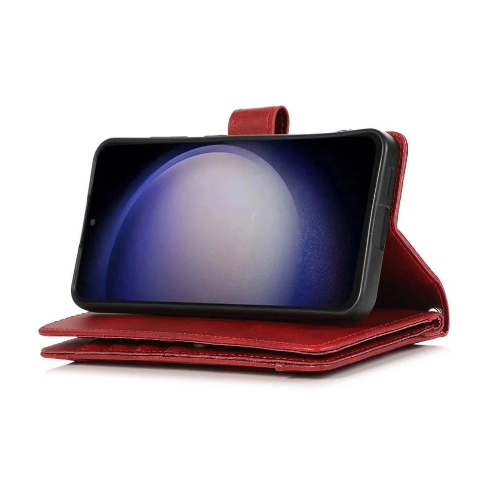 For Samsung Galaxy S24+ Cell Phone Cases Split Leather Stand Wallet Cover with Handy Strap - Red - 2