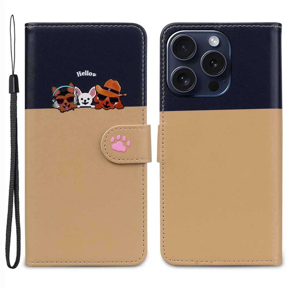 Cartoon Pet Series for iPhone 15 Pro Case Animal Pattern Wallet Stand Leather Cover - Khaki - 1