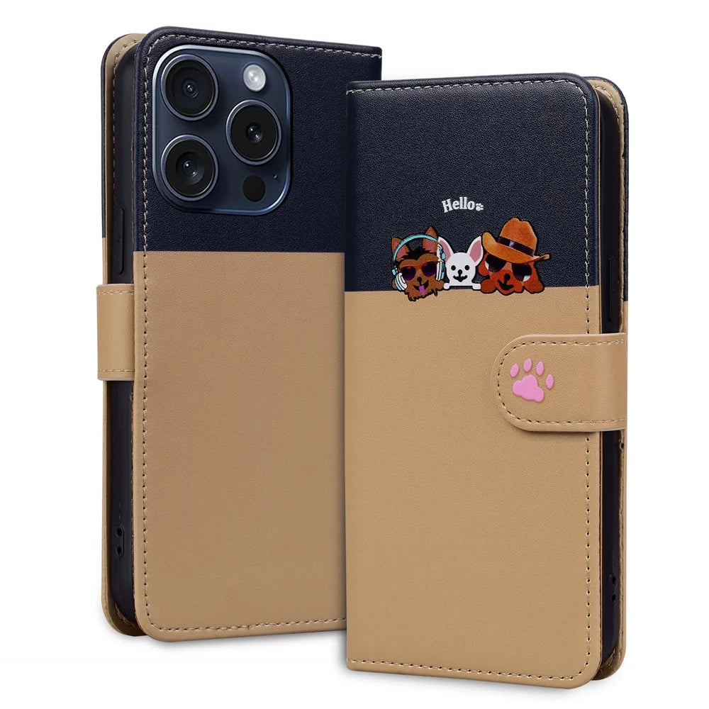 Cartoon Pet Series for iPhone 15 Pro Case Animal Pattern Wallet Stand Leather Cover - Khaki - 4