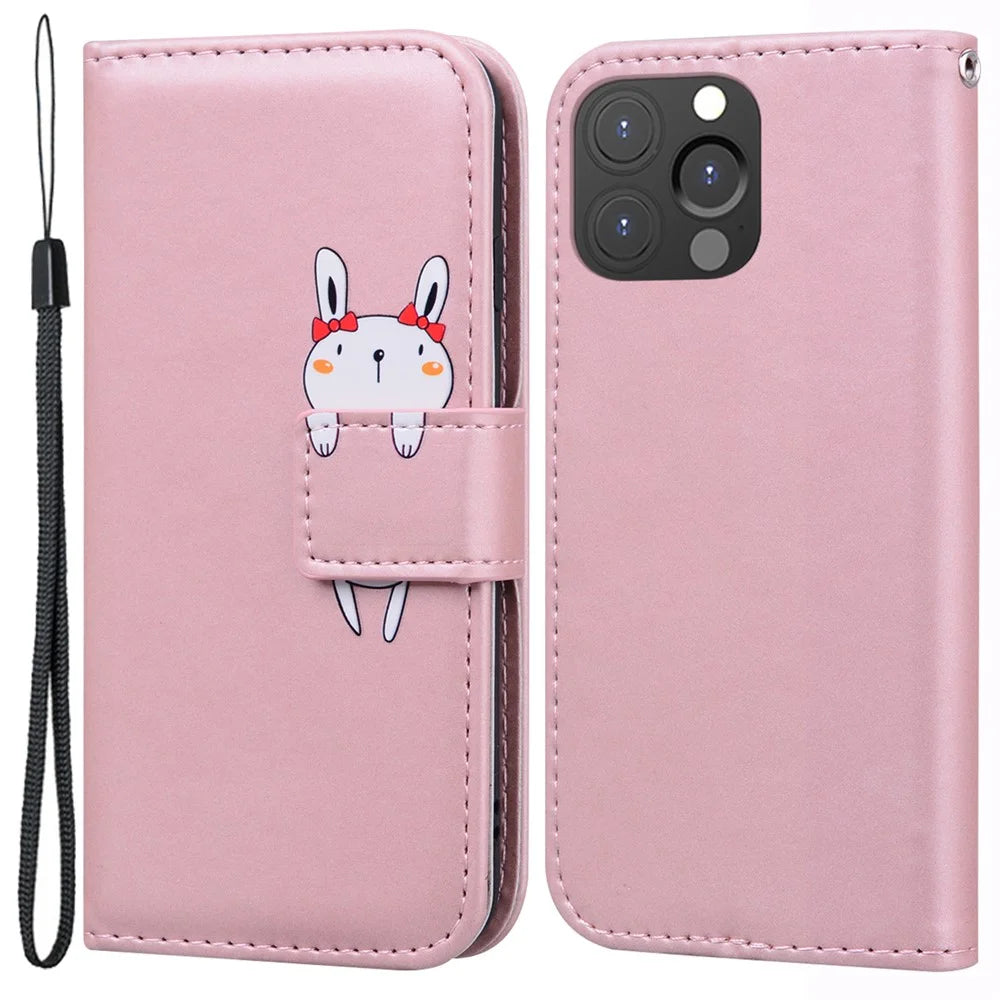 For iPhone 13 Pro Max 6.7 inch Cover Cartoon Animal Pattern PU Leather Cell Phone Cases - Pink - 1