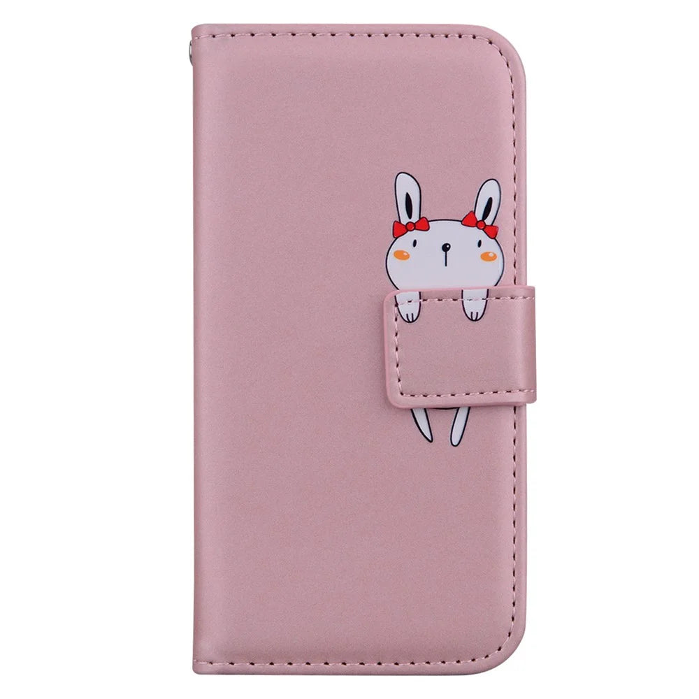 For iPhone 15 Plus Cell Phone Case Cartoon Animal Pattern Anti-drop PU Leather Cover - Pink - 7