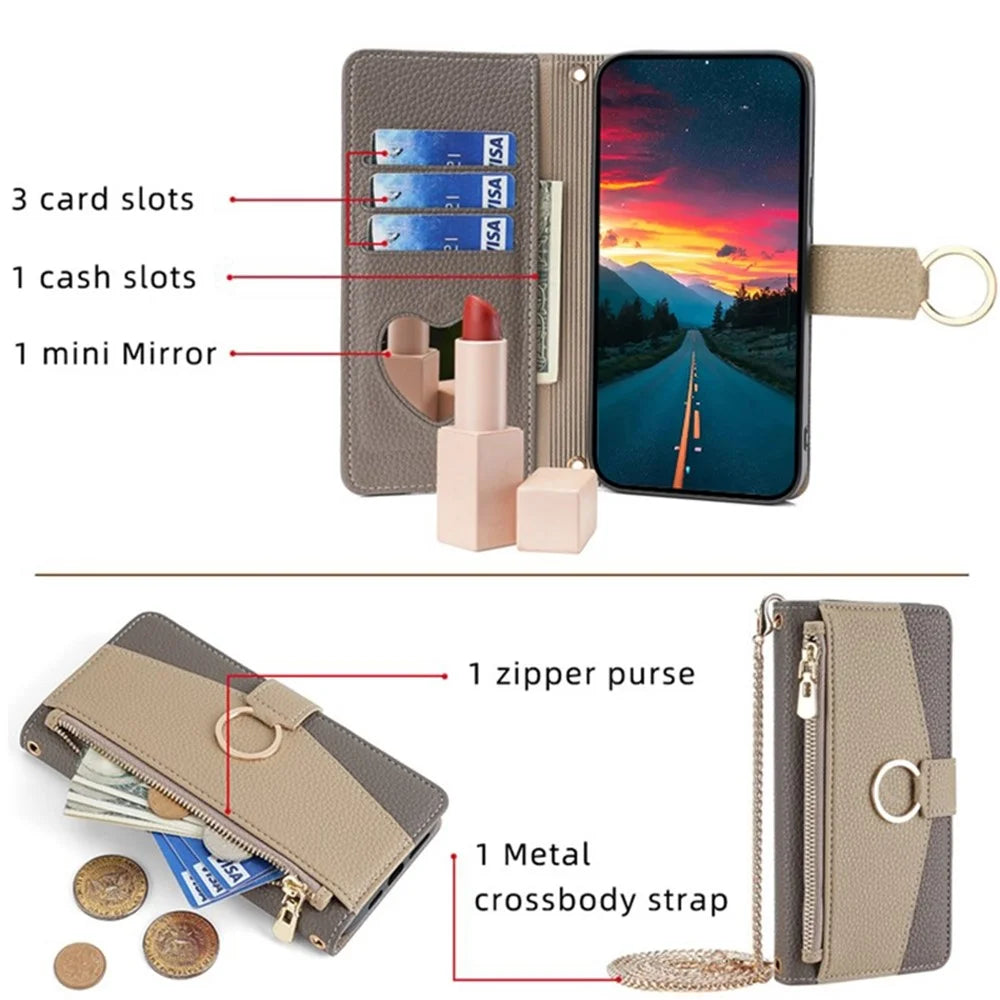 For Samsung Galaxy A13 4G Case Zipper Pocket Phone Guard Cover with Makeup Mirror - Grey - 4