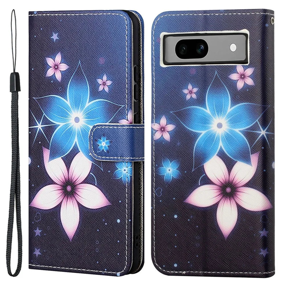 For Google Pixel 8a Flip Phone Case 3D Pattern Printing Wrist Strap Stand Cover - Blue Flower - 1