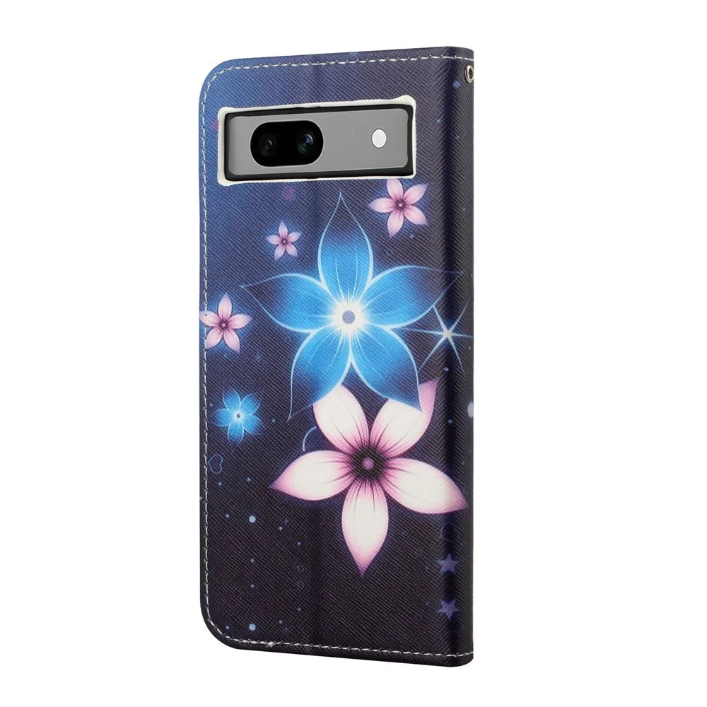 For Google Pixel 8a Flip Phone Case 3D Pattern Printing Wrist Strap Stand Cover - Blue Flower - 5