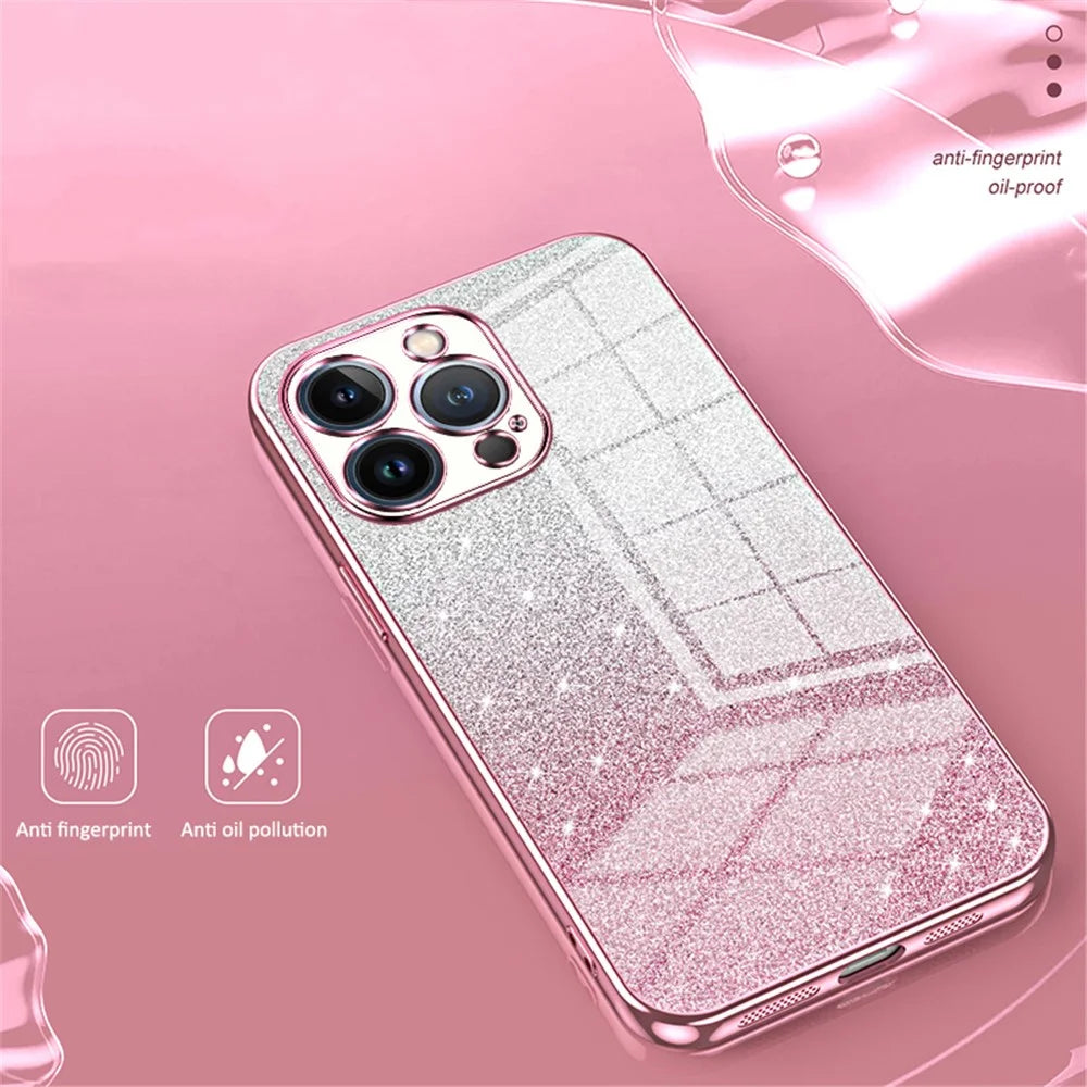 For iPhone 13 Pro Cell Phone Case Precise Cutout Electroplating Gradient Glitter TPU Cover - Pink - 3