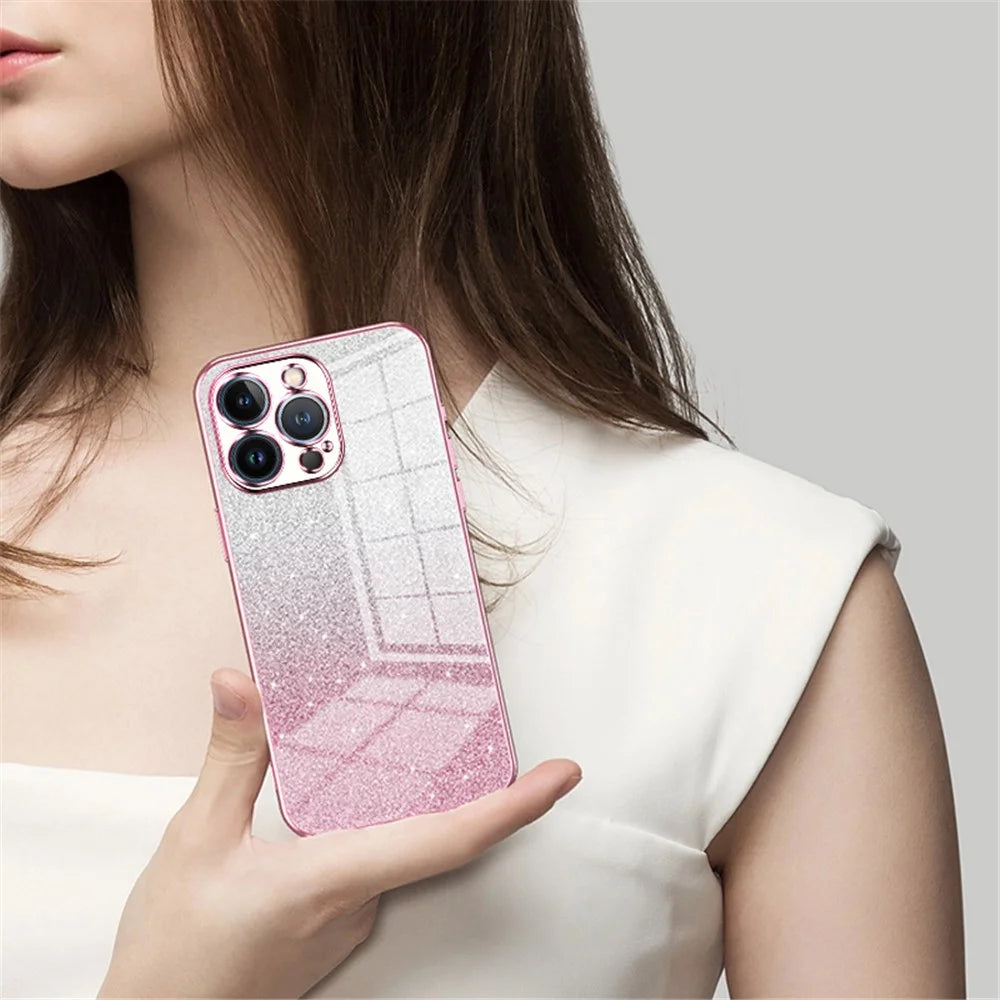 For iPhone 13 Pro Cell Phone Case Precise Cutout Electroplating Gradient Glitter TPU Cover - Pink - 6