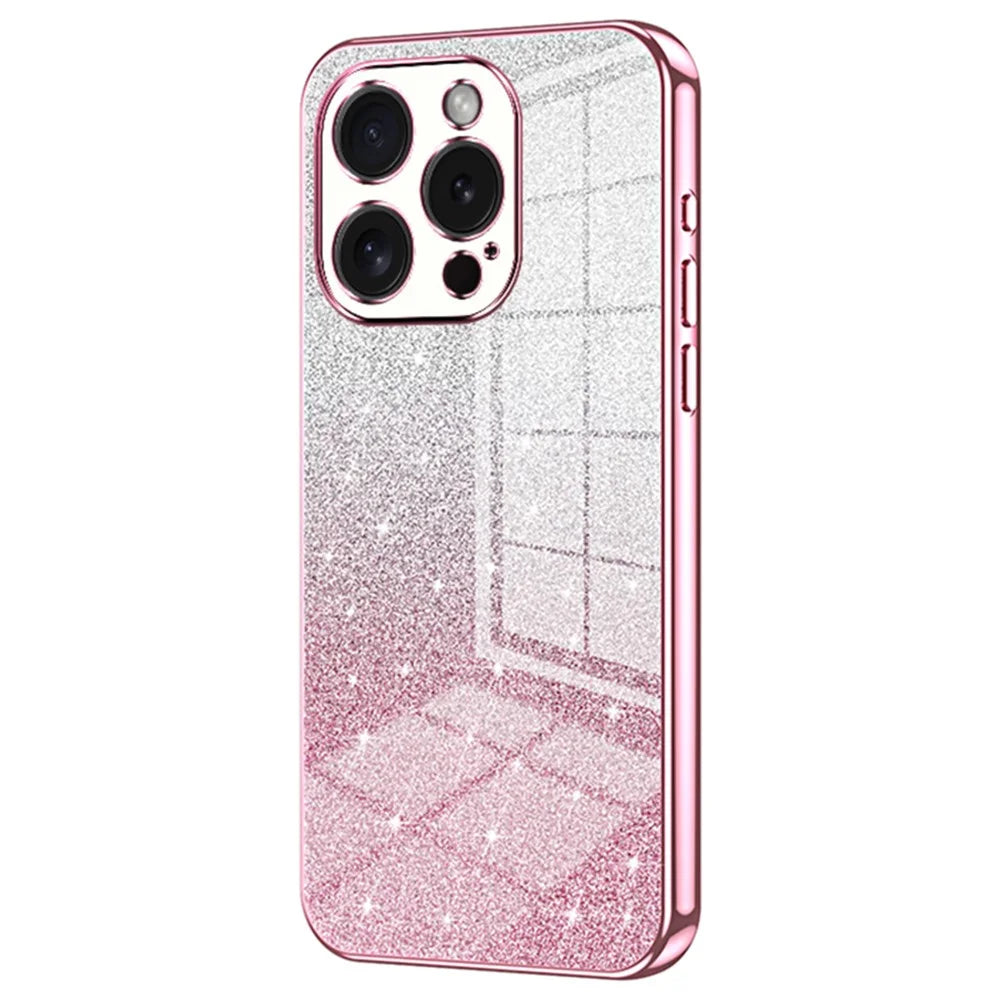 For iPhone 15 Pro Cell Phone Case Glitter Precise Cutout Flexible TPU Electroplating Cover - Pink - 1