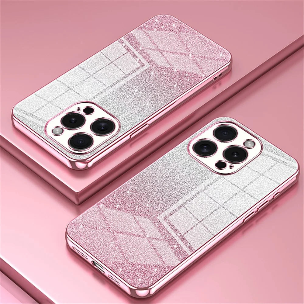 For iPhone 15 Pro Cell Phone Case Glitter Precise Cutout Flexible TPU Electroplating Cover - Pink - 2