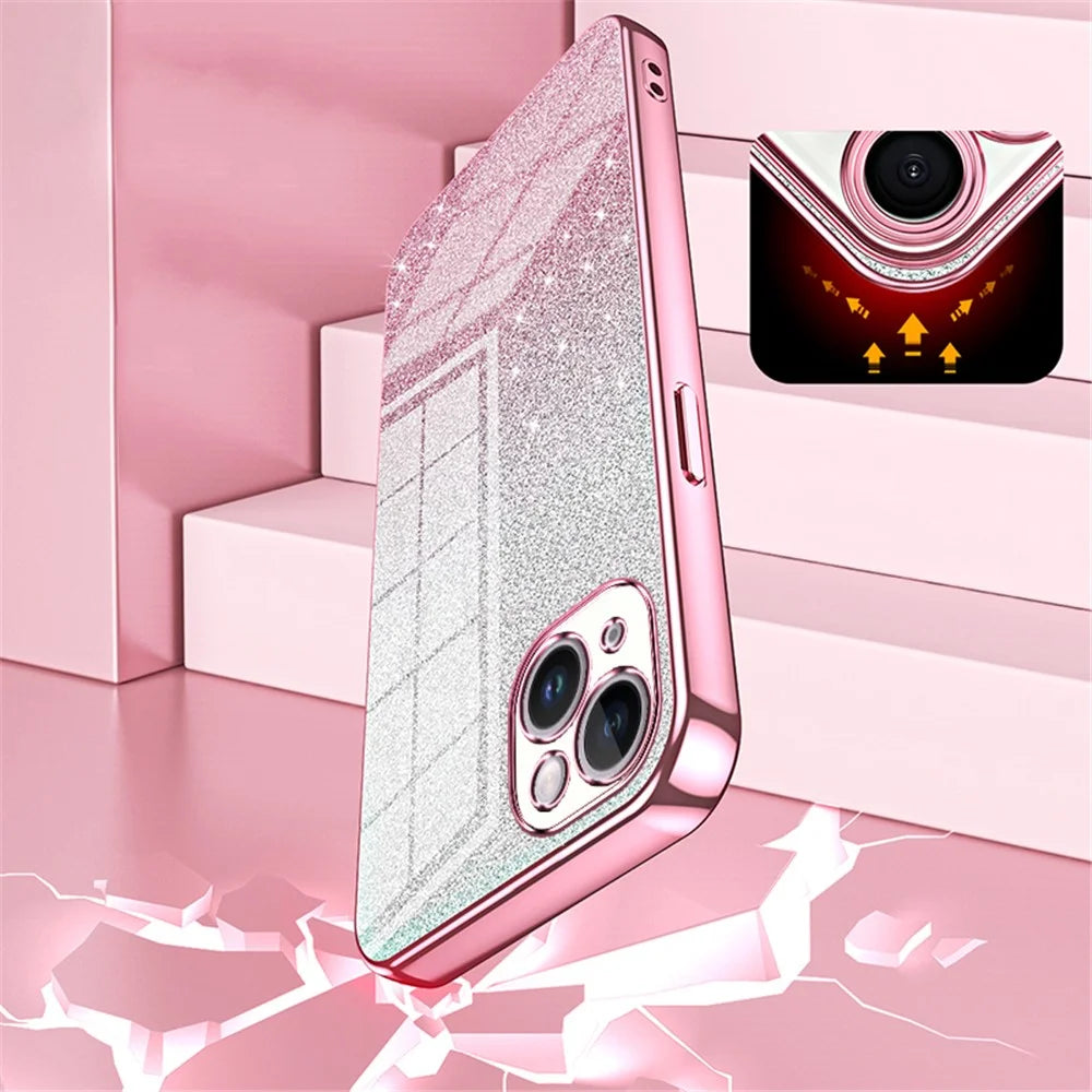 For iPhone 14 Plus Cell Phone Case Glitter Precise Cutout Electroplating TPU Cover - Pink - 5