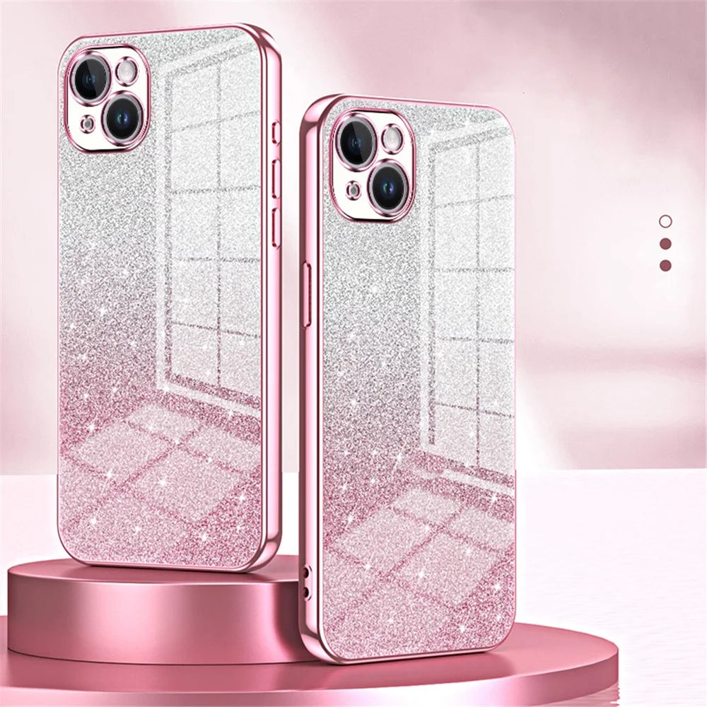 For iPhone 14 Plus Cell Phone Case Glitter Precise Cutout Electroplating TPU Cover - Pink - 7