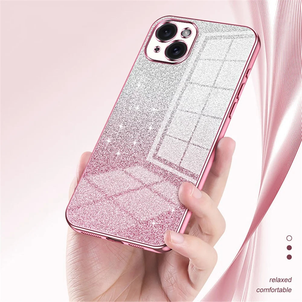 For iPhone 15 Plus Cell Phone Case Shockproof Gradient Glitter Precise Cutout TPU Cover - Pink - 4
