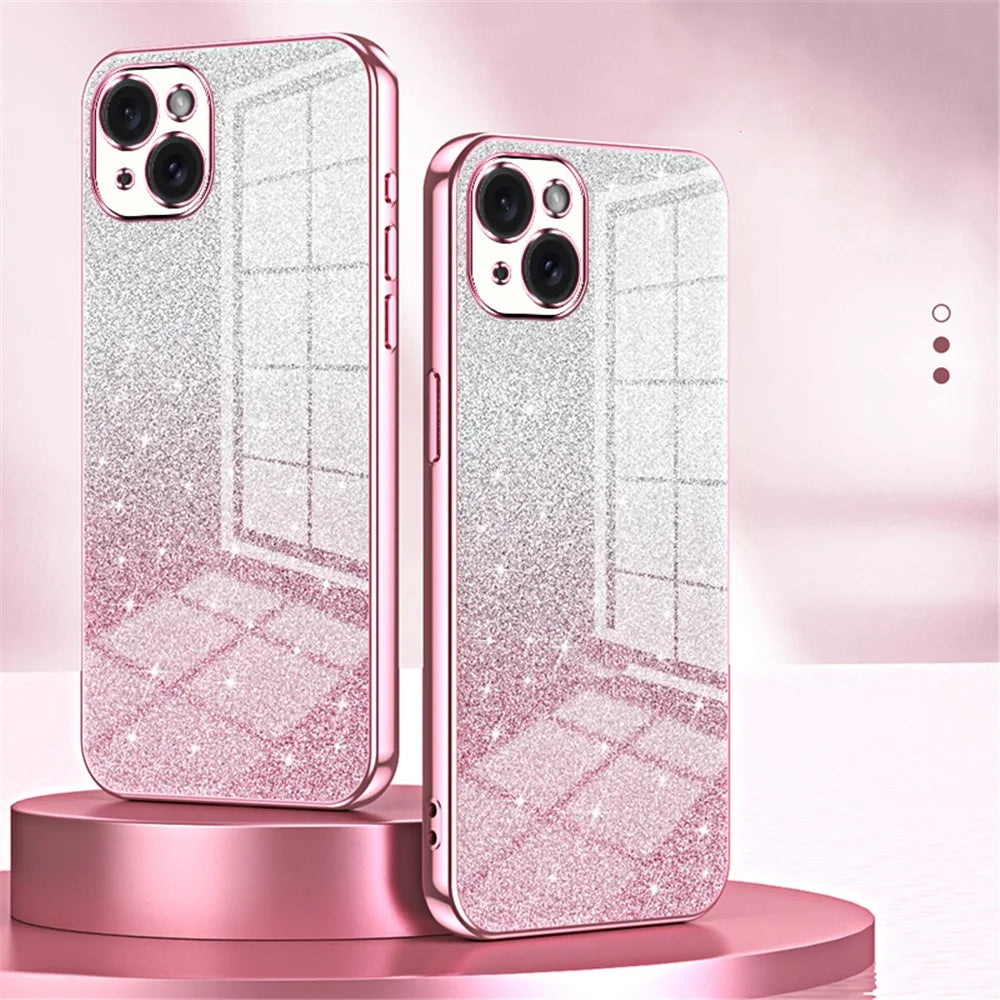 For iPhone 15 Plus Cell Phone Case Shockproof Gradient Glitter Precise Cutout TPU Cover - Pink - 7