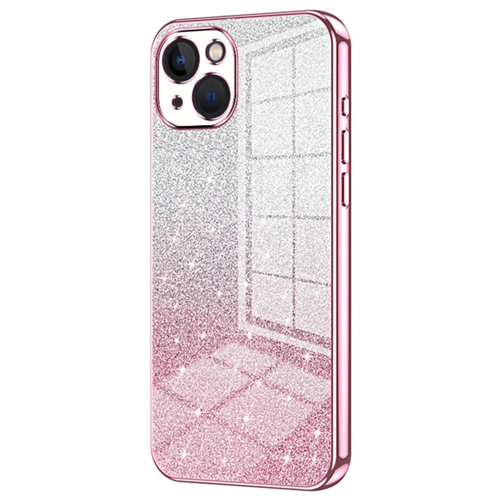 For iPhone 13 Cell Phone Case Gradient Glitter Precise Cutout TPU Protective Cover - Pink - 1