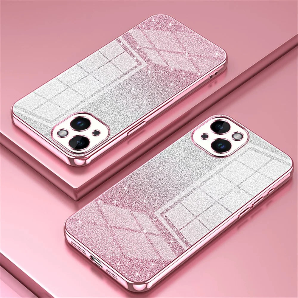 For iPhone 14 Cell Phone Case Gradient Glitter Precise Cutout TPU Back Cover - Pink - 2