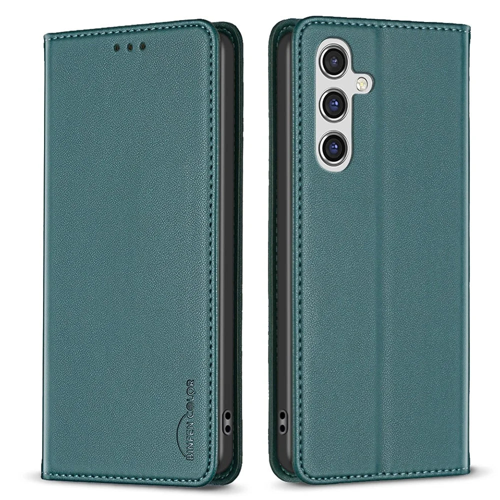 BINFEN COLOR BF18 For Samsung Galaxy A35 5G Case PU Leather Card Holder Cover - Green - 1