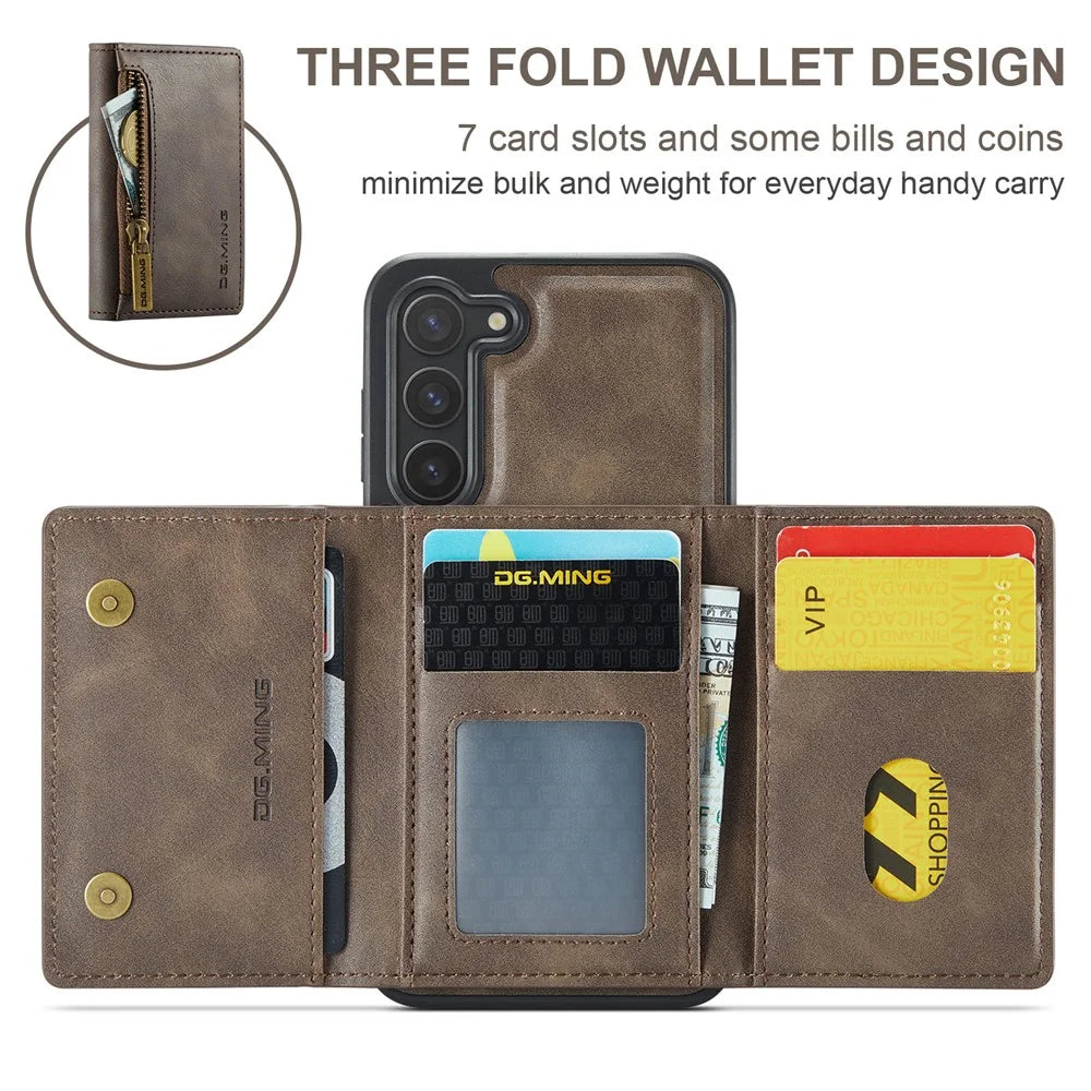 DG.MING M5 Series For Samsung Galaxy S22+ 5G Case Zipper Pocket Wallet Phone Cover - Coffee - 3
