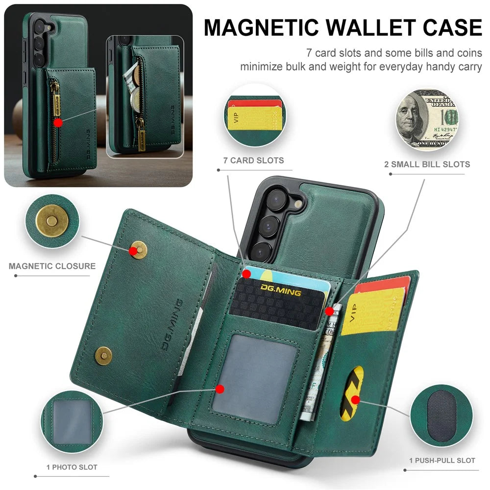 DG.MING M5 Series For Samsung Galaxy S22 5G Case Detachable Wallet Kickstand Phone Cover - Green - 7