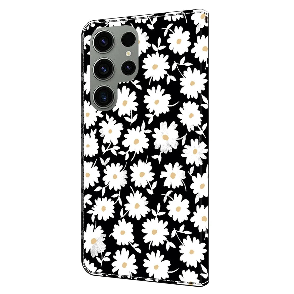 For Samsung Galaxy S24 Ultra Case Anti-fall PU Leather+TPU 3D Pattern Phone Guard Cover - Floral - 7