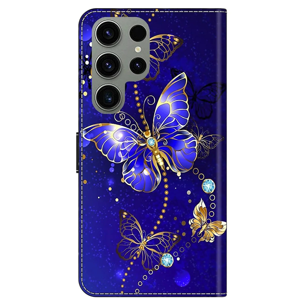For Samsung Galaxy S24 Ultra Wallet Case PU Leather 3D Pattern Printing Stand Cover - Diamond Butterfly - 7