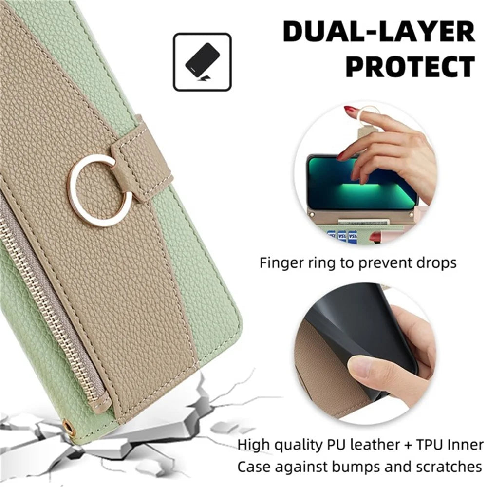 For OnePlus Nord CE 2 Lite 5G Leather Case Zipper Wallet Phone Cover Stand with Chain Strap - Green - 5