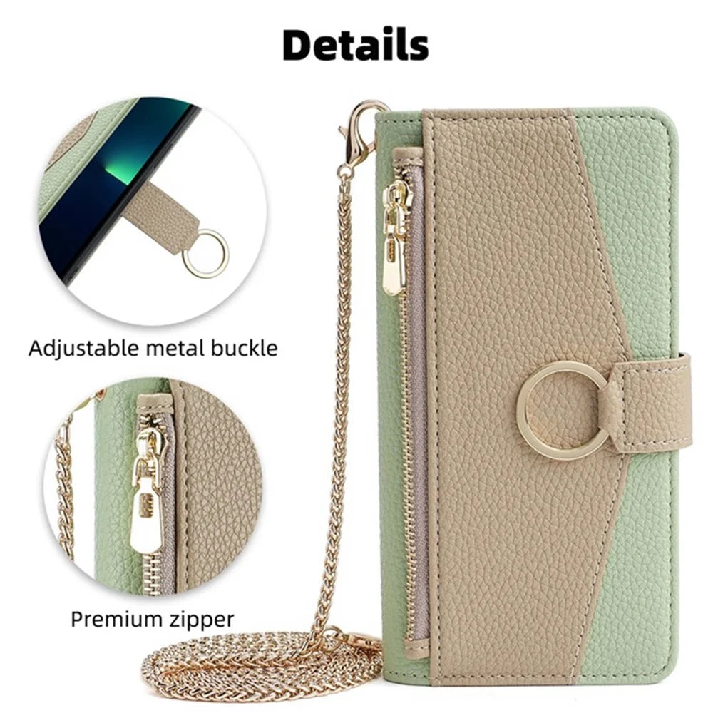 For OnePlus Nord CE 2 Lite 5G Leather Case Zipper Wallet Phone Cover Stand with Chain Strap - Green - 7