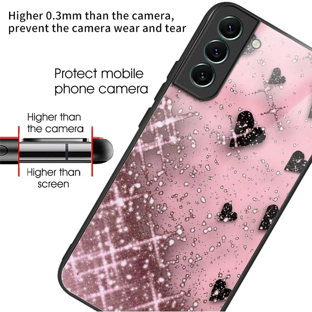 For Samsung Galaxy S24 Phone Case Tempered Glass+TPU Pattern Printed Back Cover - Love / Pink - 2