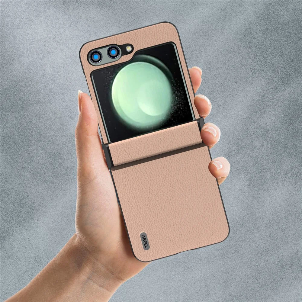 ABEEL For Samsung Galaxy Z Flip5 5G Litchi Texture Case Genuine Cow Leather Phone Back Cover - Gold - 6