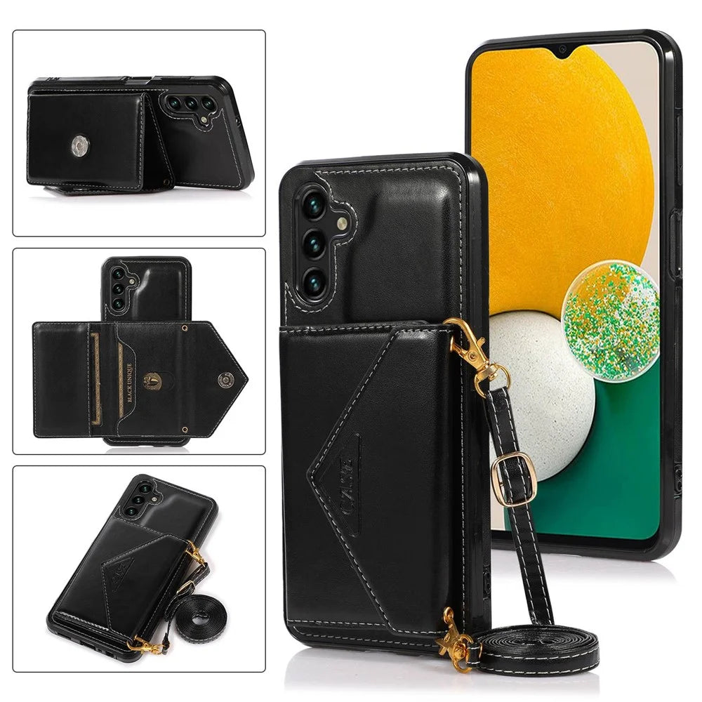 For Samsung Galaxy A05s 4G Case Card Holder Kickstand PU Leather+TPU Cover with Shoulder Strap - Black - 1