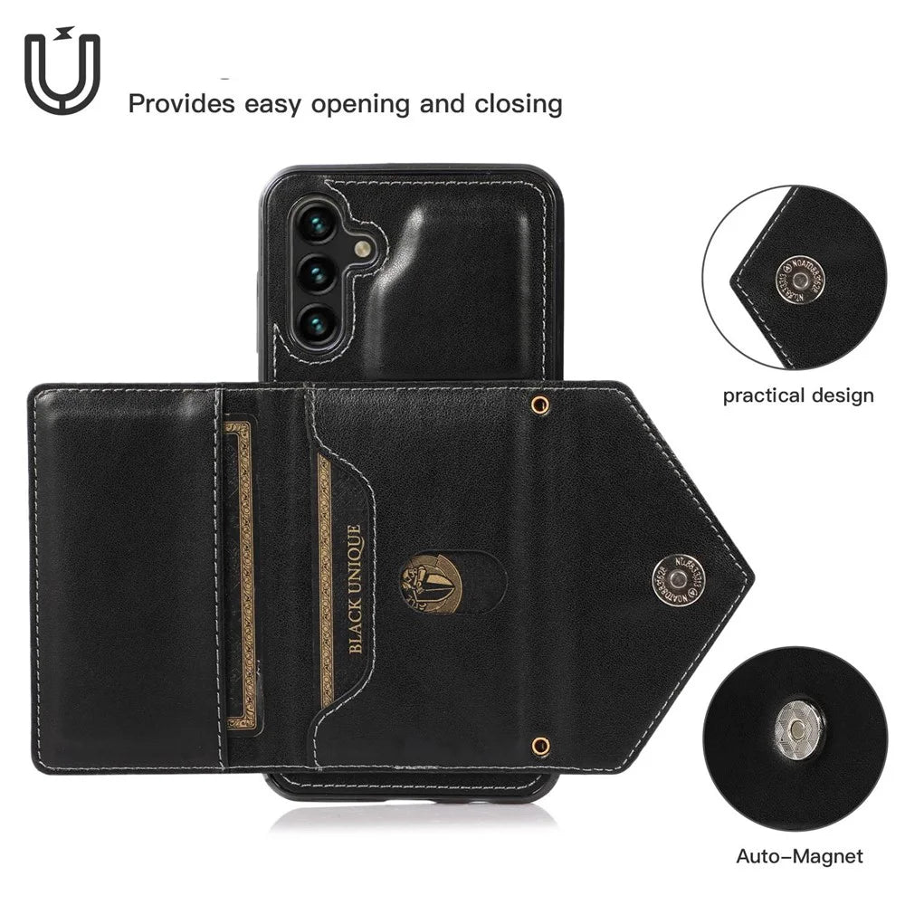 For Samsung Galaxy A05s 4G Case Card Holder Kickstand PU Leather+TPU Cover with Shoulder Strap - Black - 4