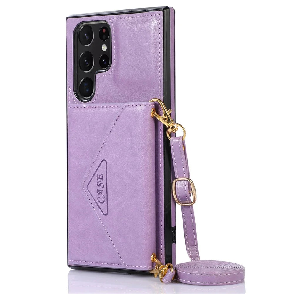 For Samsung Galaxy S24 Ultra Case Card Holder Kickstand Leather+TPU Crossbody Cover - Purple - 7