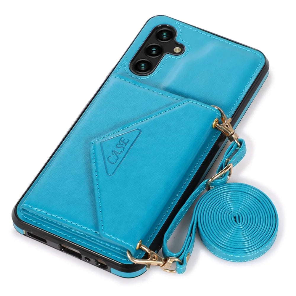 For Samsung Galaxy A15 4G / 5G Case Card Holder PU+TPU Cover with Shoulder Strap - Blue - 5